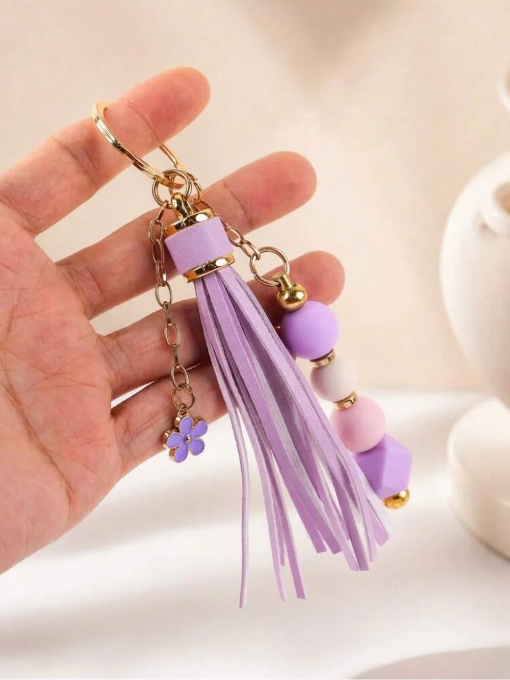 2/$30 Tassel Bead Keychain Charm ( purple and cream your pick )